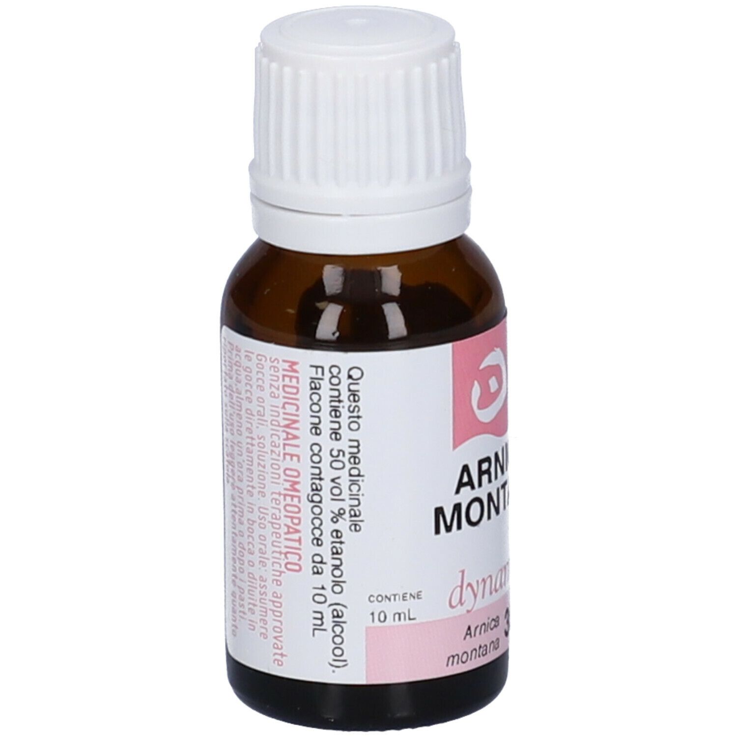 Flacone in vetro marrone con tappo bianco. Etichetta rosa con testo. Scritta: Arnica Montana 30 CH.