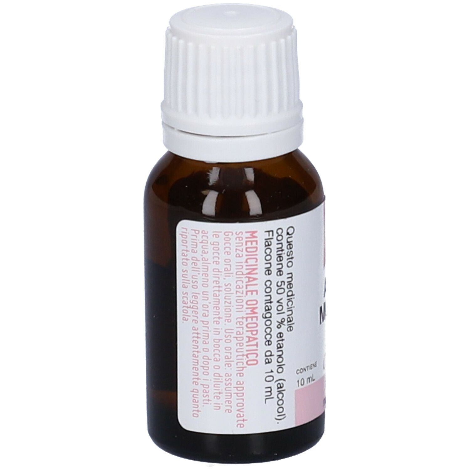 Flacone in vetro marrone con tappo bianco. Etichetta rosa con testo. Scritta: Arnica Montana 30 CH.