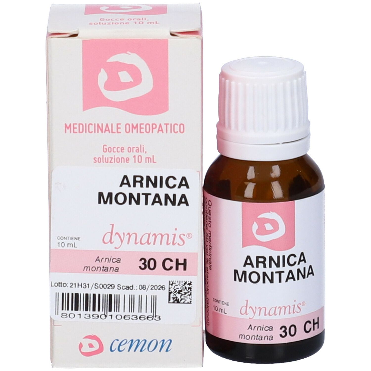 Confezione del prodotto con flacone. Scritte: Arnica Montana 30 CH, dynamis, cemon.