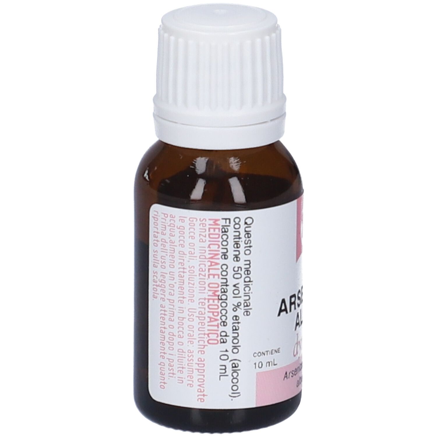 Flacone di vetro marrone con tappo bianco. Etichetta con informazioni sul prodotto e ingredienti. Gocce.