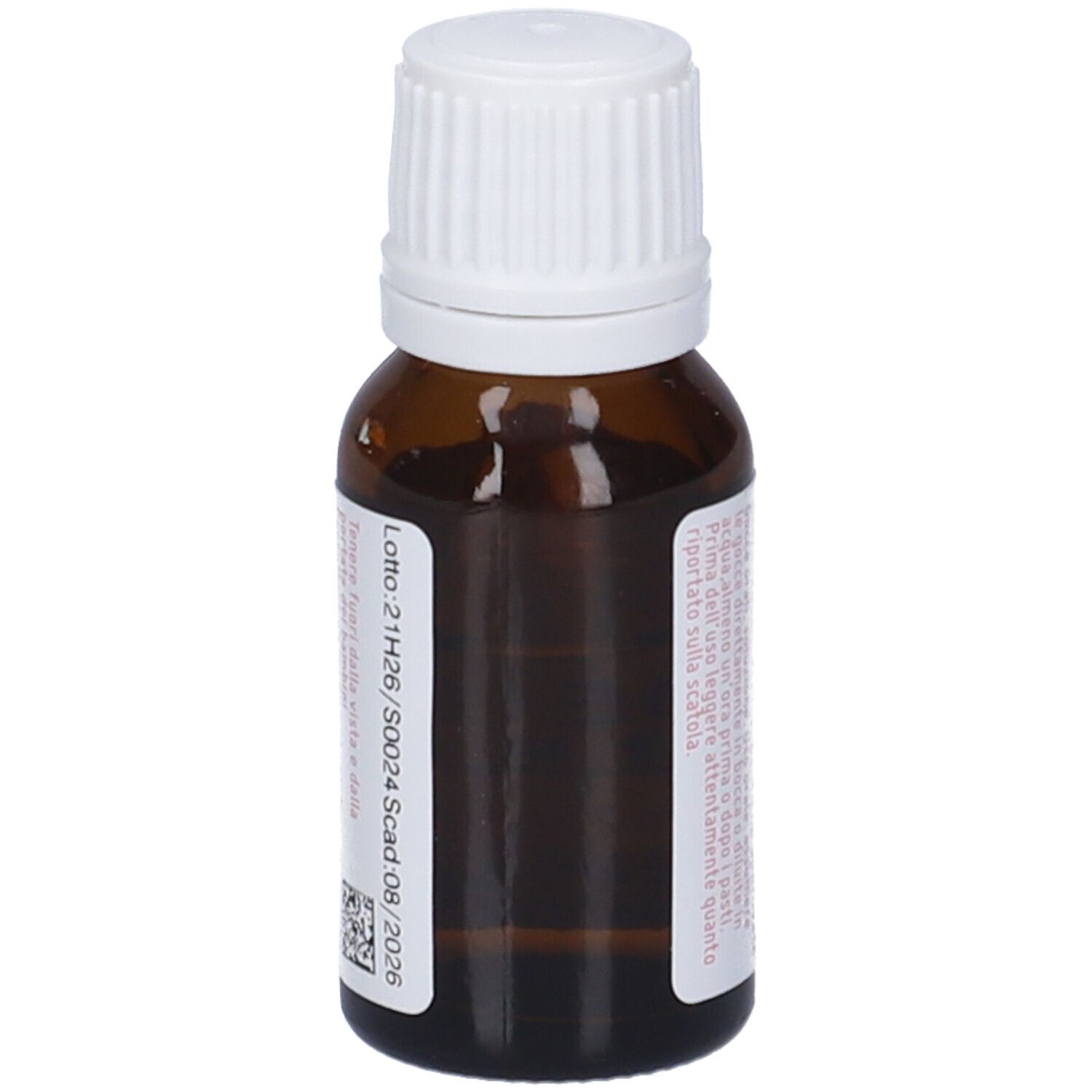 Flacone di vetro marrone con tappo bianco. Etichetta con numero di lotto e data di scadenza. Gocce.