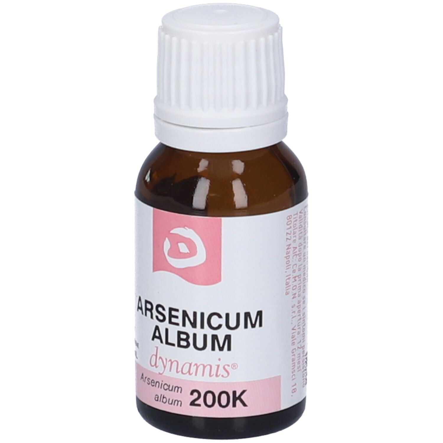 Flacone di vetro marrone con tappo bianco. Etichetta con nome del prodotto e logo. Gocce.