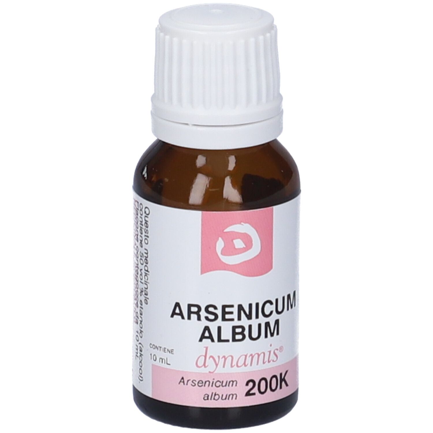 Flacone di vetro marrone con tappo bianco. Etichetta con nome del prodotto e logo. Gocce.