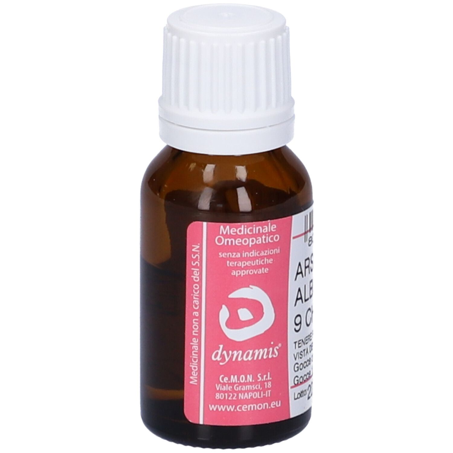 Flacone di vetro marrone con tappo bianco. Etichetta con testo: Arsenicum Album 9 CH. Logo Dynamis e altre informazioni.