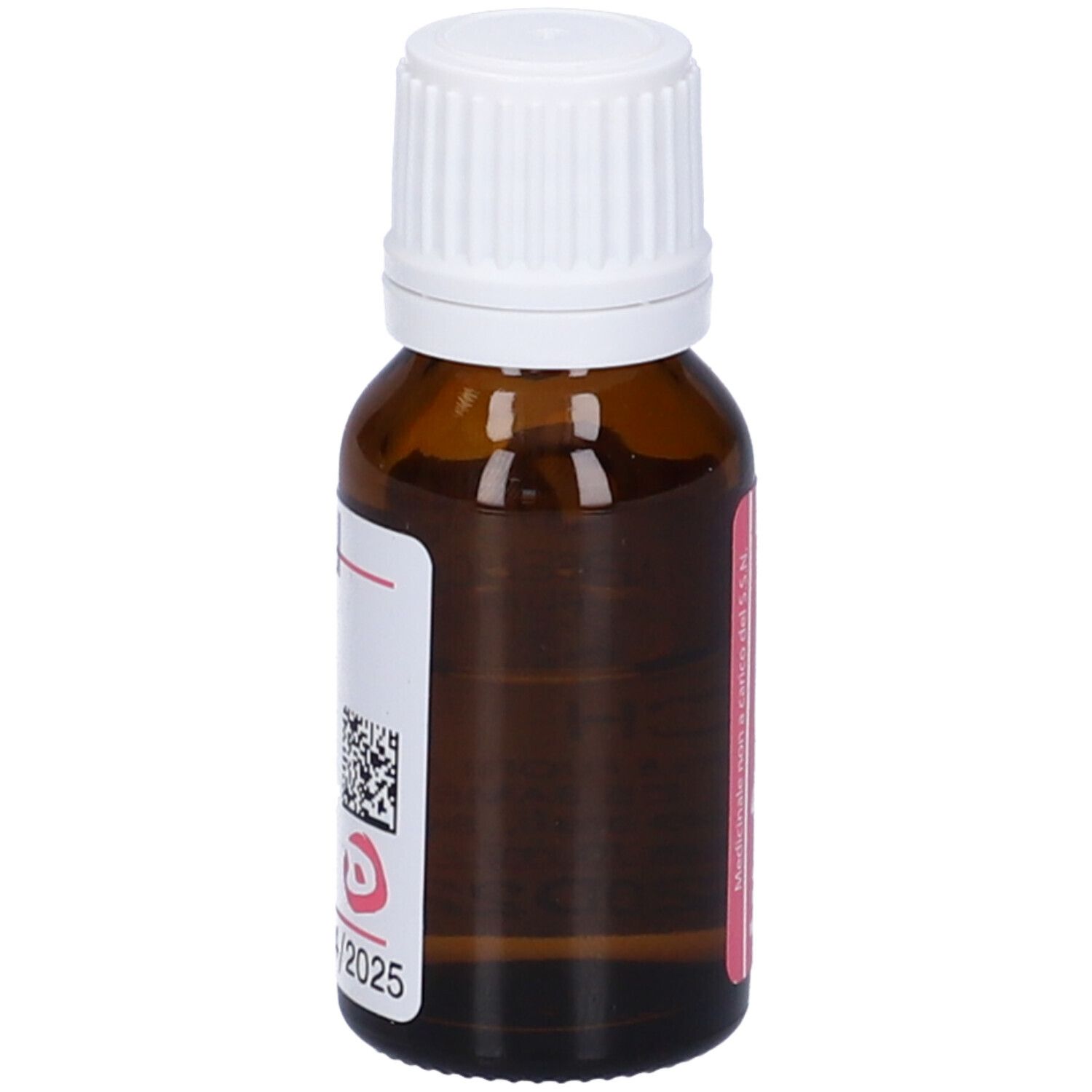 Flacone di vetro marrone con tappo bianco. Etichetta con testo e codice QR. Logo Dynamis. Flacone in posizione verticale.