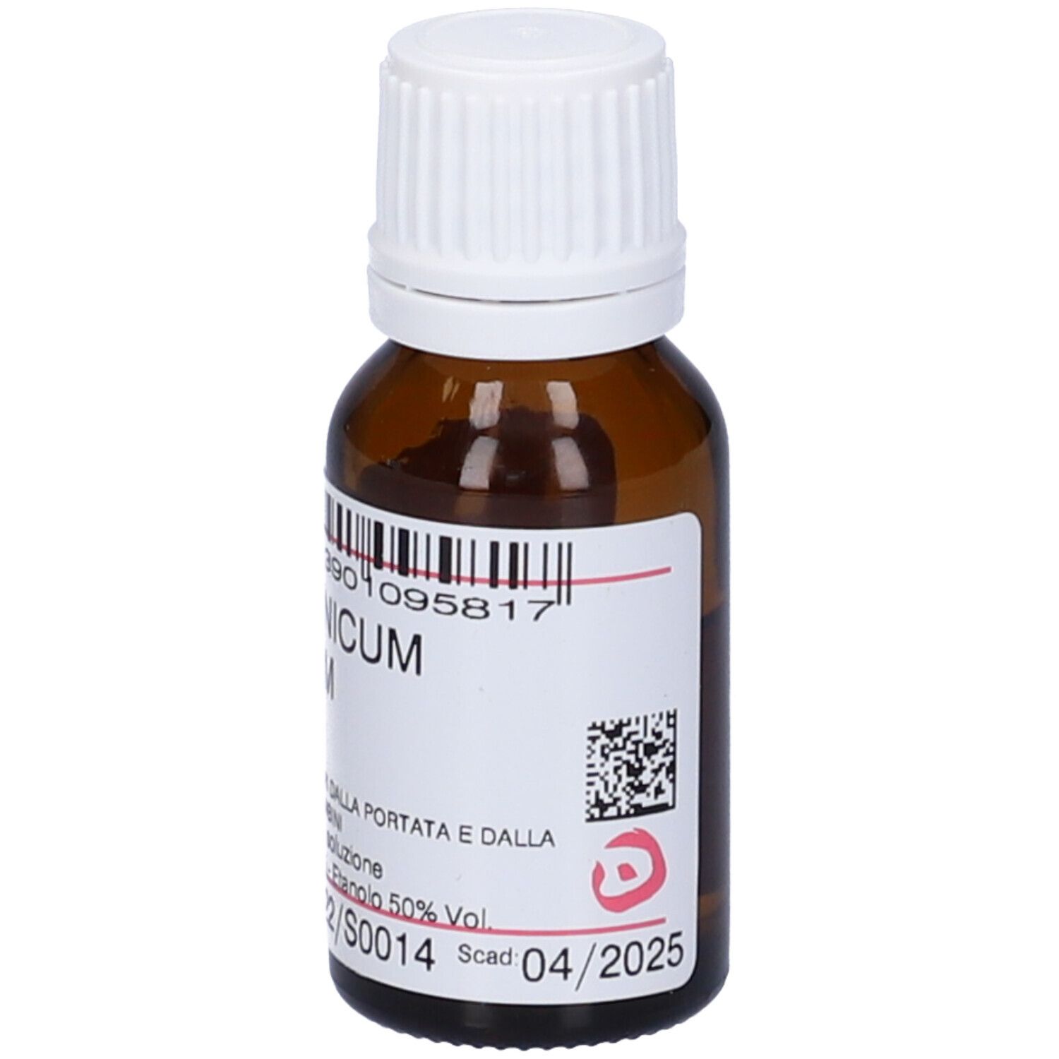Flacone di vetro marrone con tappo bianco. Etichetta con testo: Arsenicum Album 9 CH. Codice a barre e scadenza 04/2025.