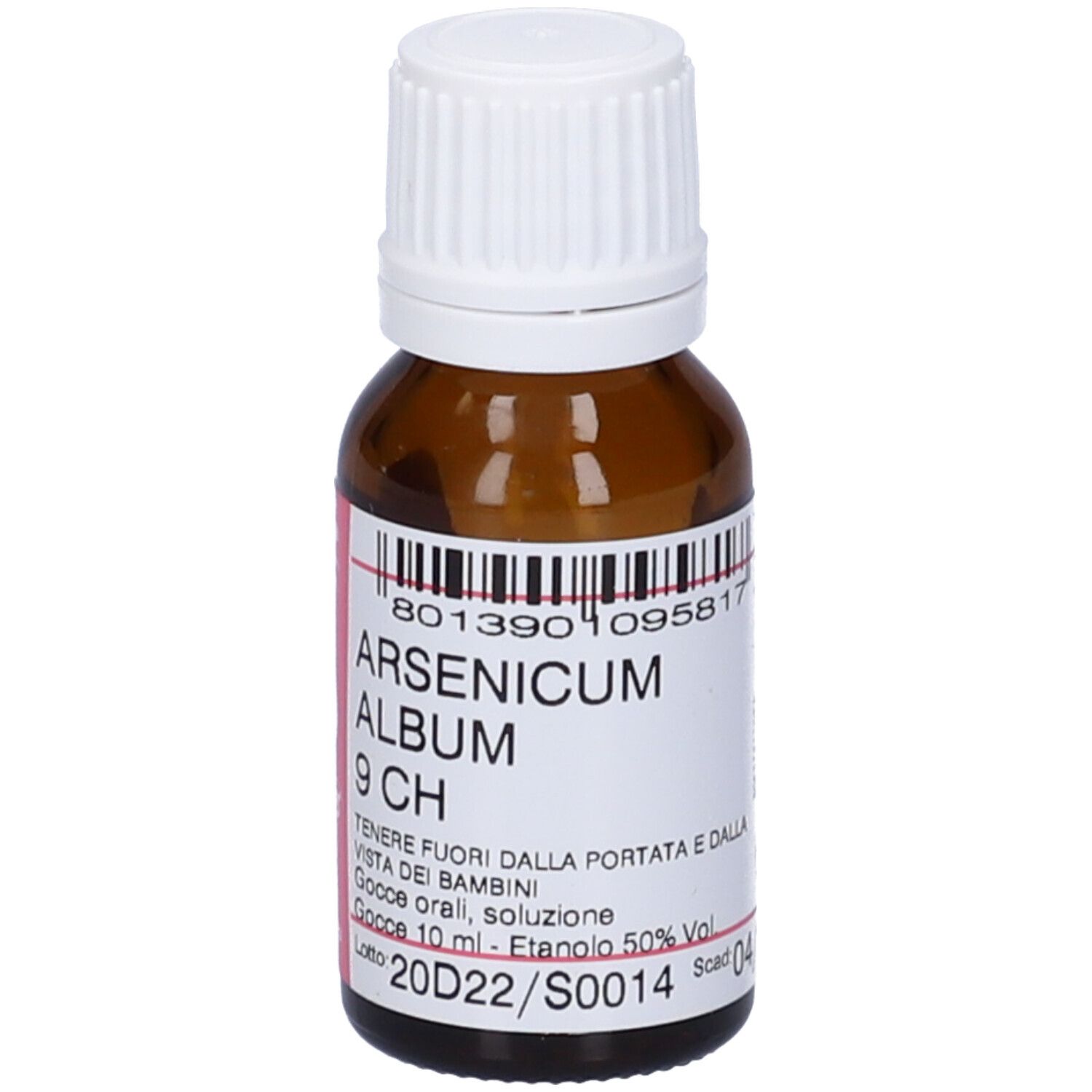 Flacone di vetro marrone con tappo bianco. Etichetta con testo: Arsenicum Album 9 CH. Codice a barre e altre informazioni.