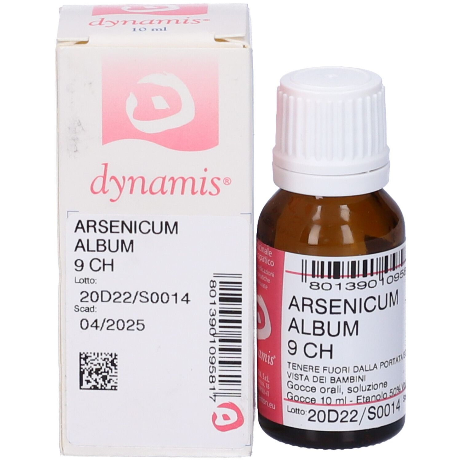 Flacone di vetro marrone e scatola. Sulla scatola: Arsenicum Album 9 CH. Logo Dynamis. Scadenza 04/2025.