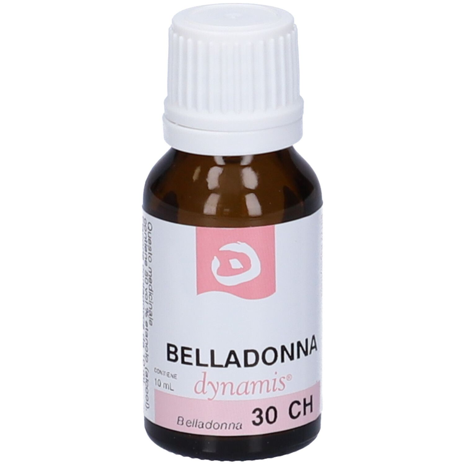 Flacone in vetro marrone con tappo bianco. Etichetta: Belladonna, dynamis, 30 CH.
