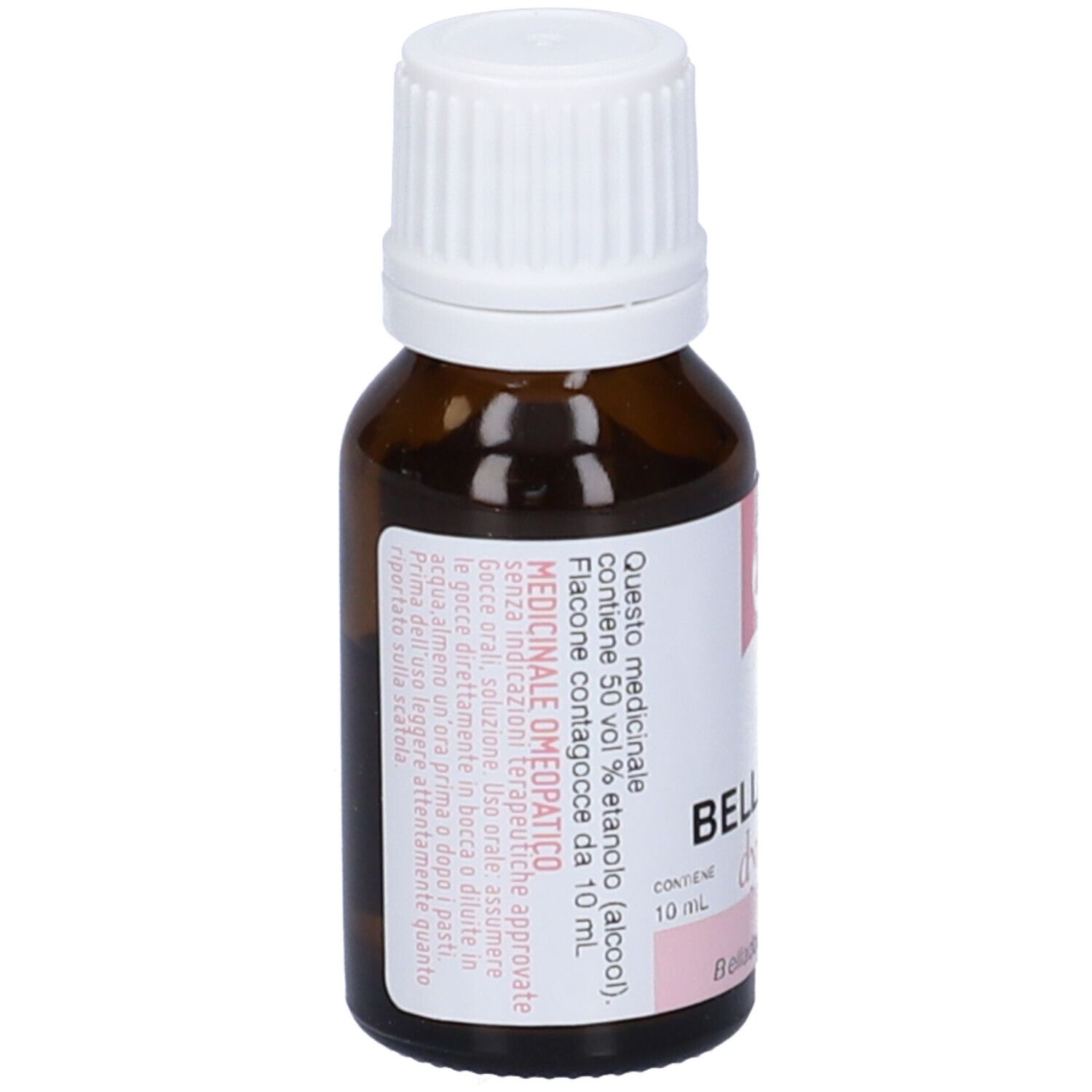 Flacone in vetro marrone con tappo bianco. Etichetta: Belladonna, dynamis, 30 CH.