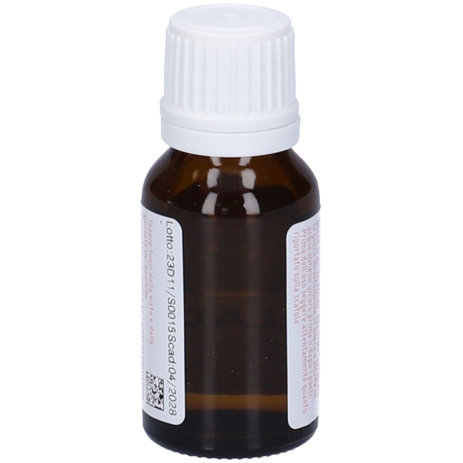 Flacone in vetro marrone con tappo bianco. Etichetta: Belladonna, dynamis, 30 CH.