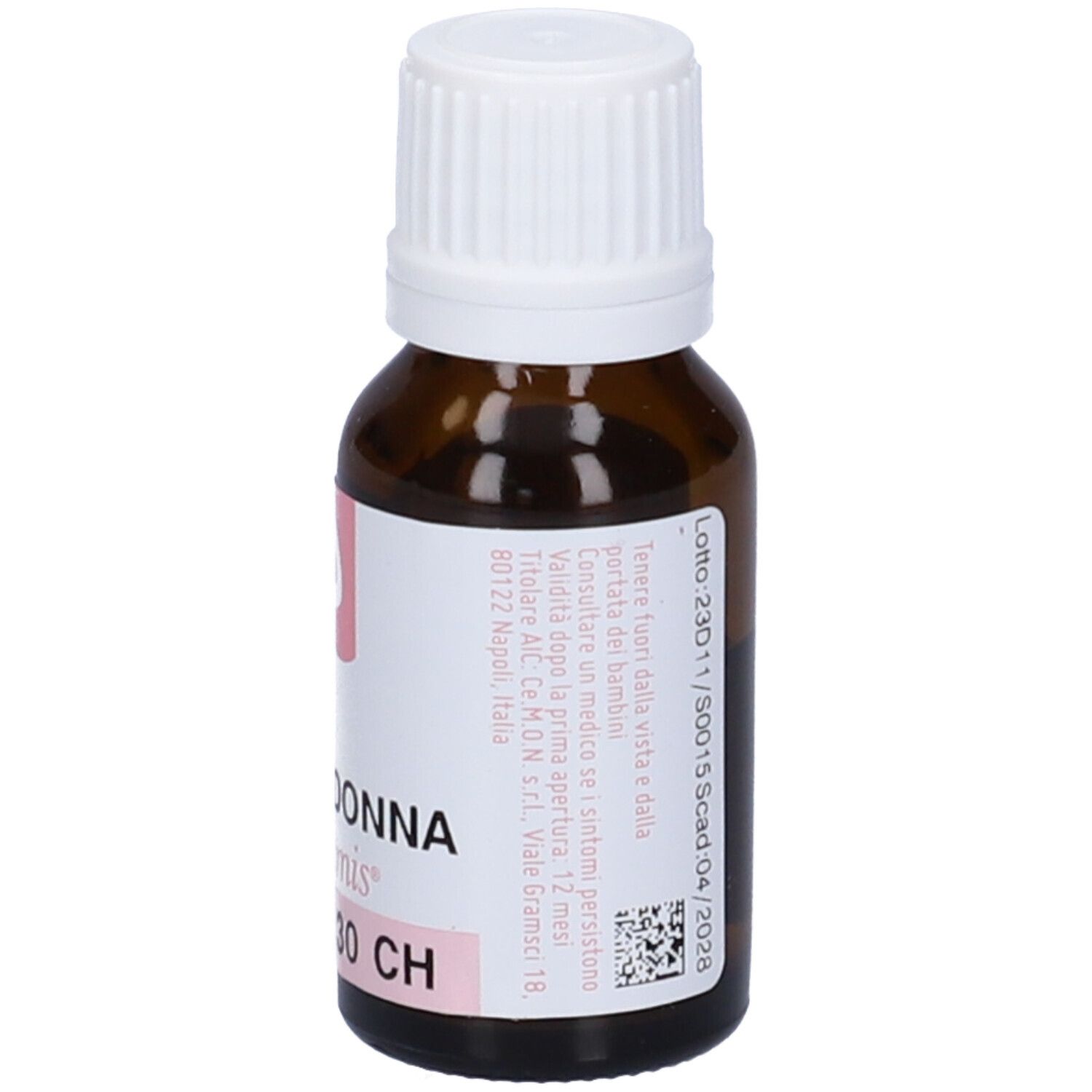 Flacone in vetro marrone con tappo bianco. Etichetta: Belladonna, dynamis, 30 CH.