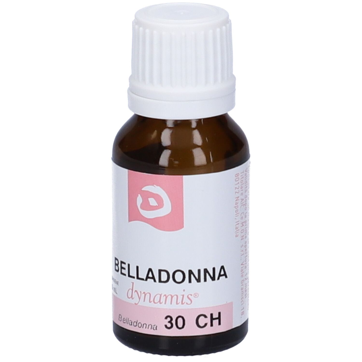 Flacone in vetro marrone con tappo bianco. Etichetta: Belladonna, dynamis, 30 CH.