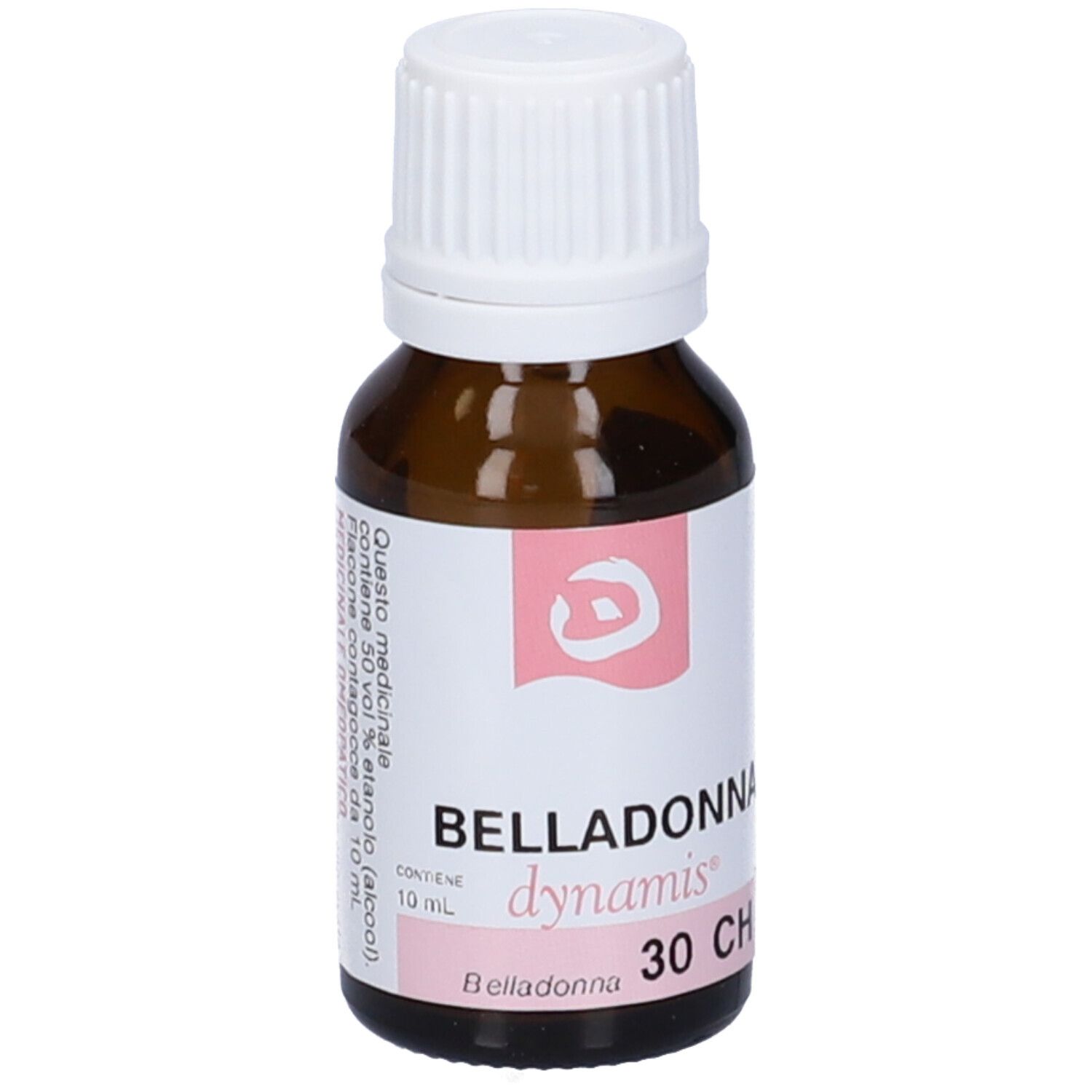 Flacone in vetro marrone con tappo bianco. Etichetta: Belladonna, dynamis, 30 CH.