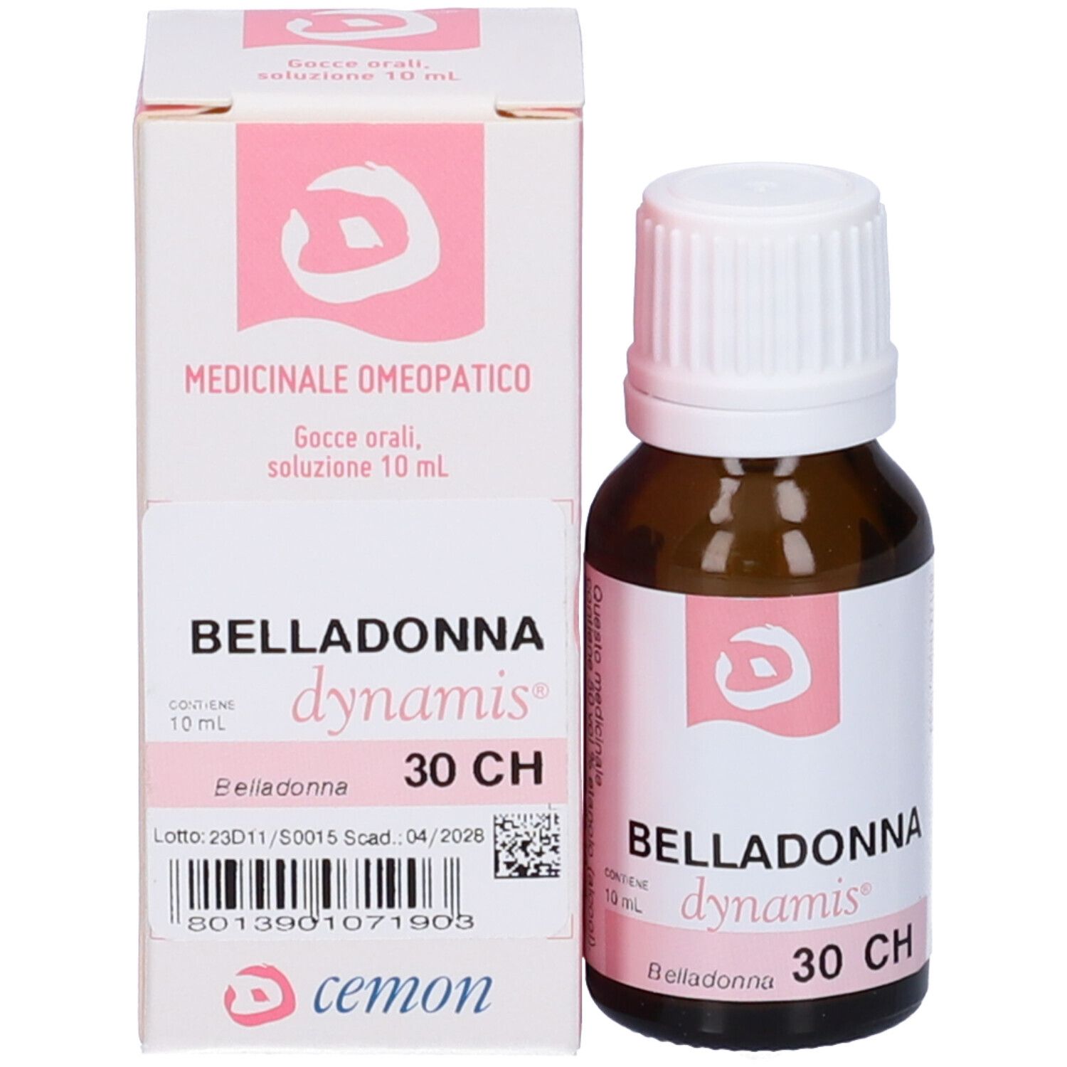 Flacone in vetro marrone e scatola. Scritte: Belladonna, dynamis, 30 CH, cemon.