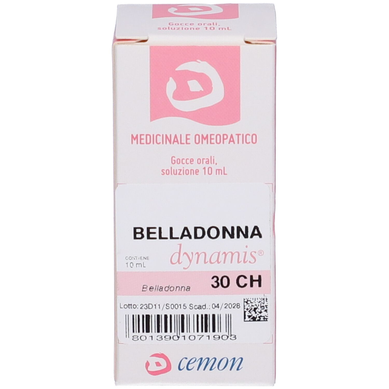 Scatola con flacone. Scritte: Belladonna, dynamis, 30 CH, cemon.