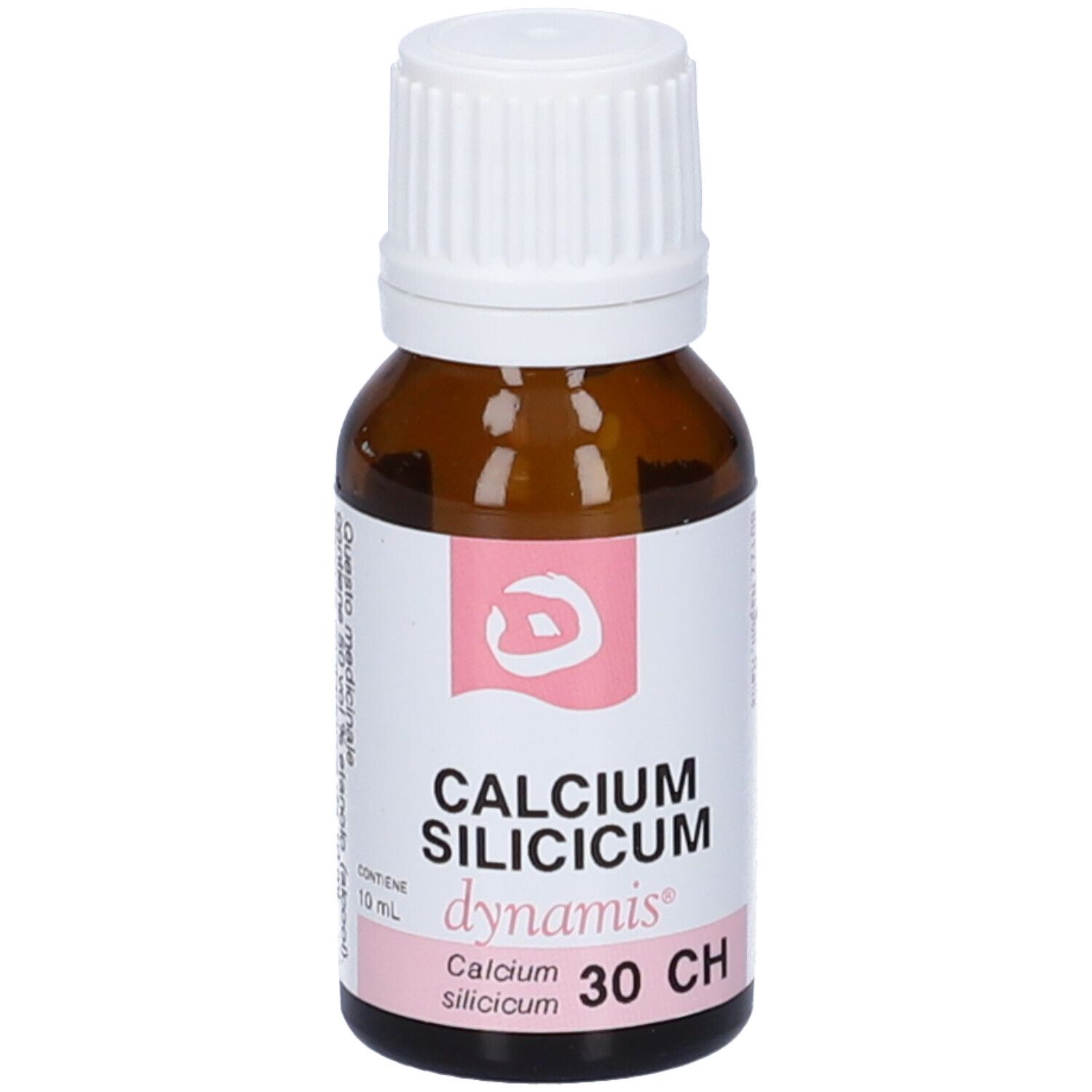 Flacone in vetro marrone con tappo bianco. Etichetta: CALCIUM SILICICUM, dynamis, 30 CH. Flacone contagocce.