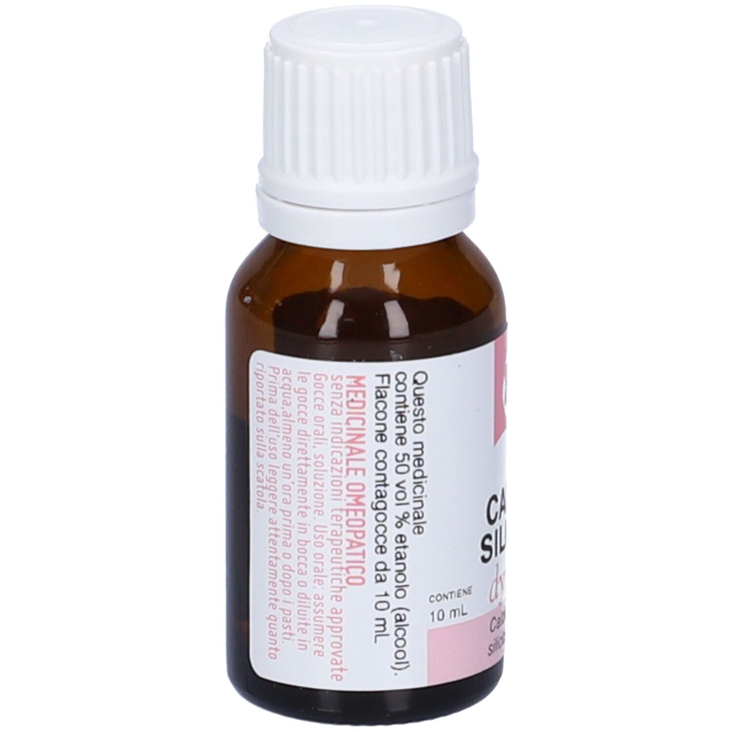 Flacone in vetro marrone con tappo bianco. Etichetta con testo e logo. Contiene prodotto omeopatico. 10 ml.