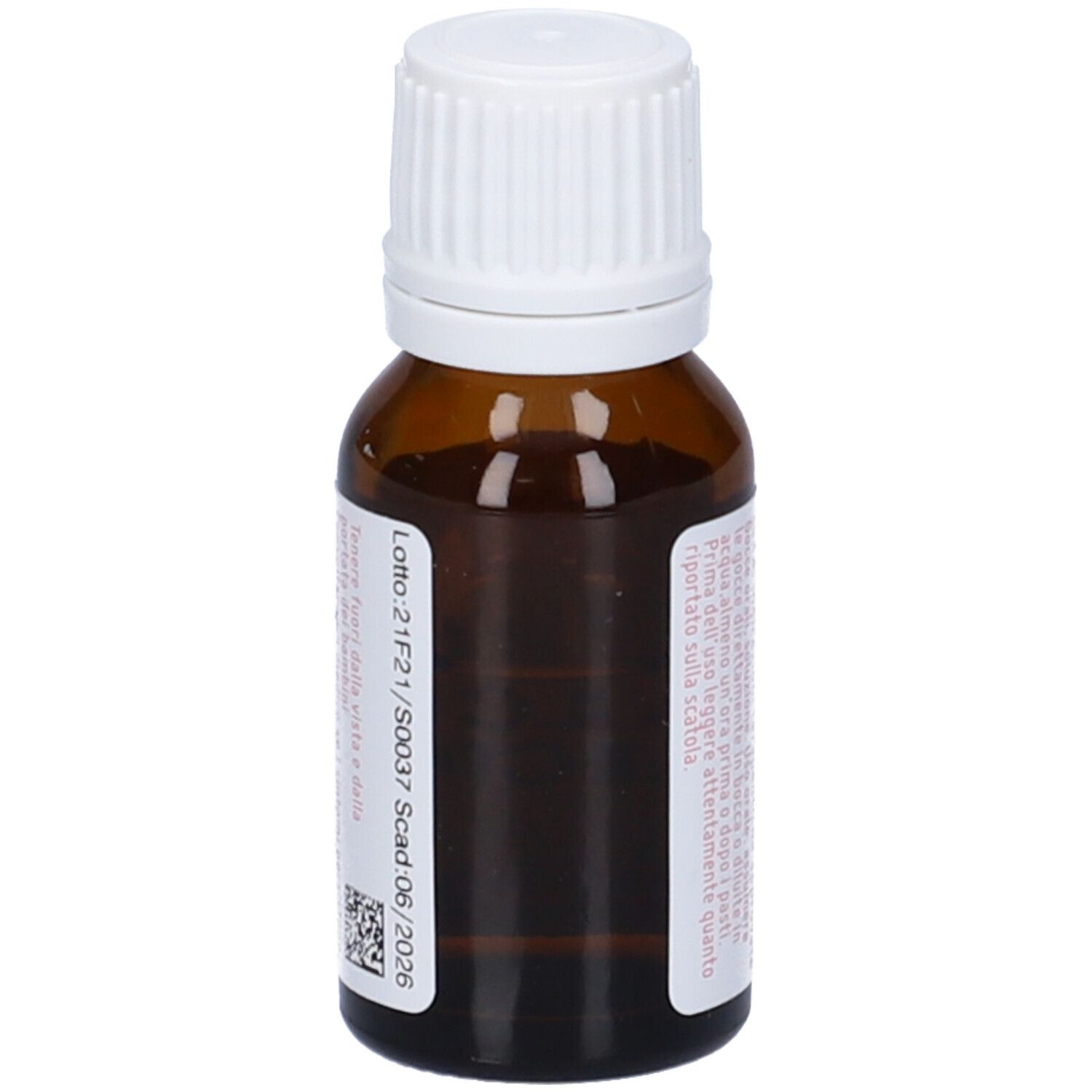 Flacone in vetro marrone con tappo bianco. Etichetta con testo e logo. Contiene prodotto omeopatico. 10 ml.