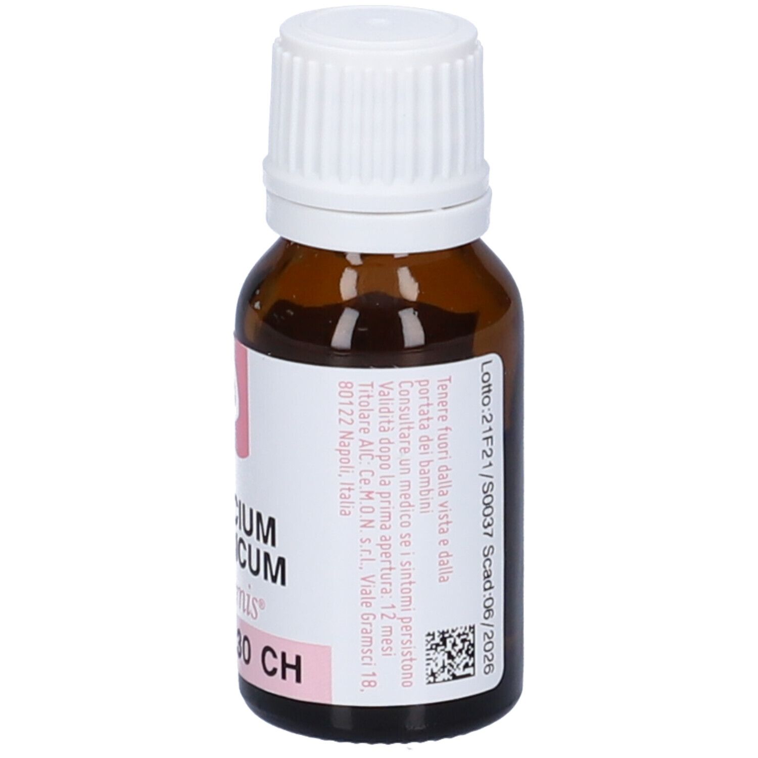 Flacone in vetro marrone con tappo bianco. Etichetta con testo e logo. Contiene prodotto omeopatico. 10 ml.