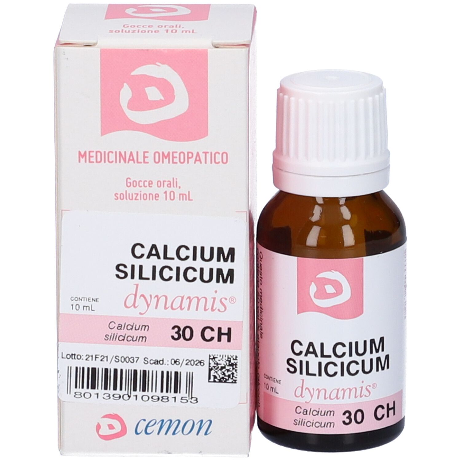 Confezione del prodotto con flacone. Scritta: CALCIUM SILICICUM, dynamis, 30 CH. Contiene 10 ml. Medicinali.