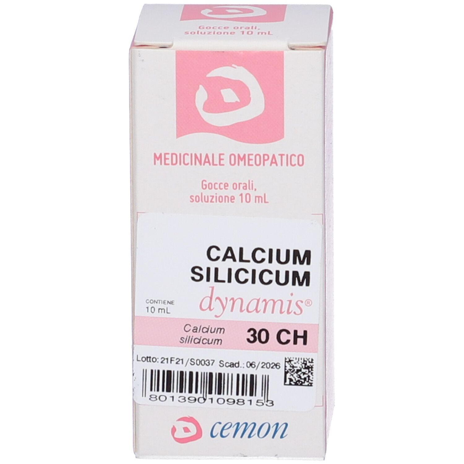 Confezione del prodotto. Scritta: CALCIUM SILICICUM, dynamis, 30 CH. Contiene 10 ml. Medicinali.