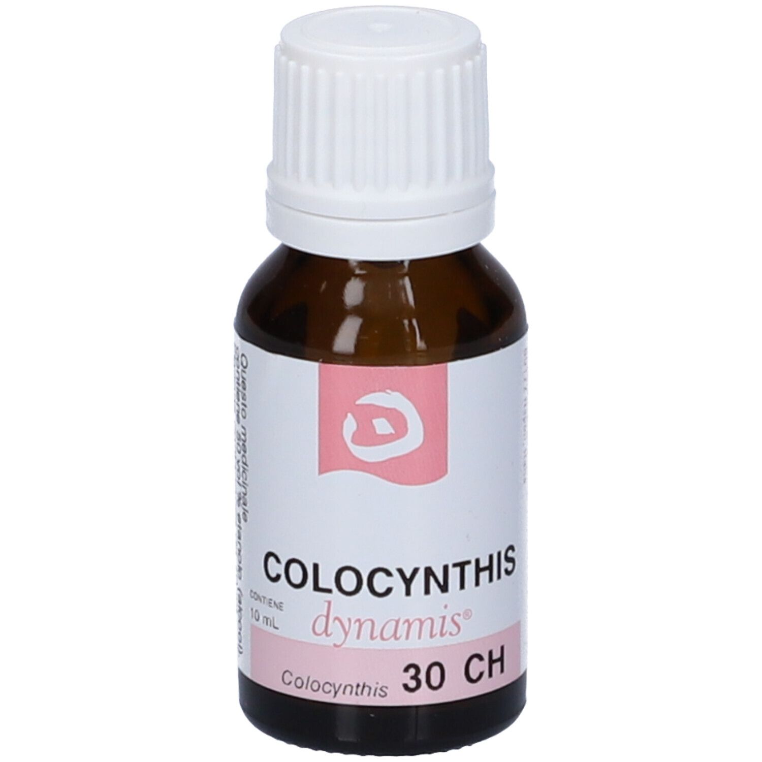 Flacone di vetro marrone con tappo bianco. Etichetta rosa: Colocynthis, dynamis, 30 CH.