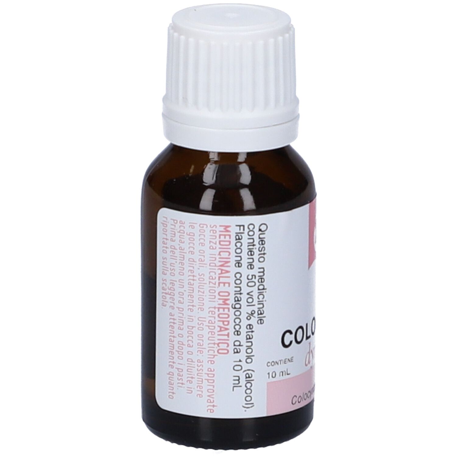 Flacone di vetro marrone con tappo bianco. Etichetta rosa con testo e scritte: Colocynthis, dynamis, 30 CH.