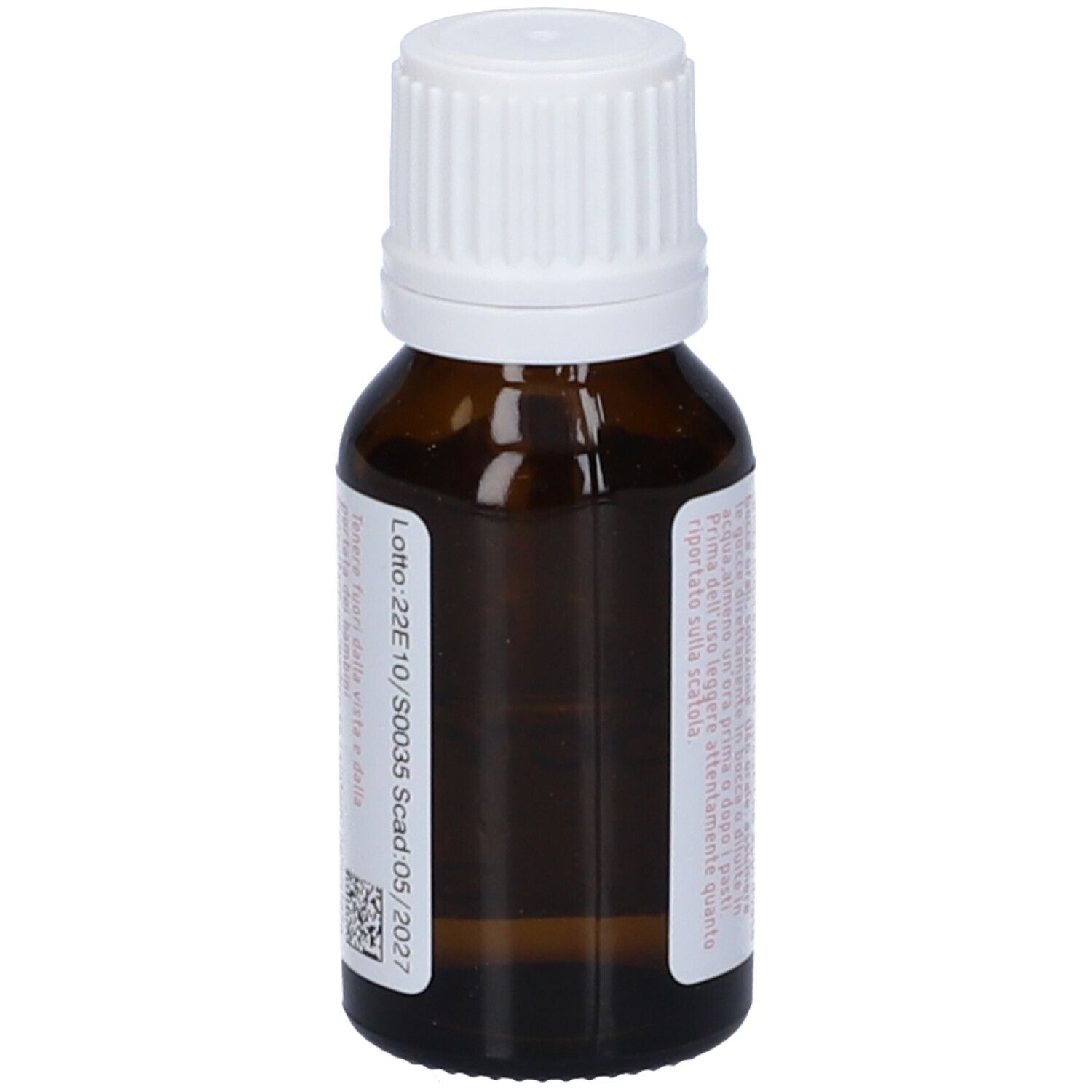 Flacone di vetro marrone con tappo bianco. Etichetta rosa con testo e scritte: Colocynthis, dynamis, 30 CH.