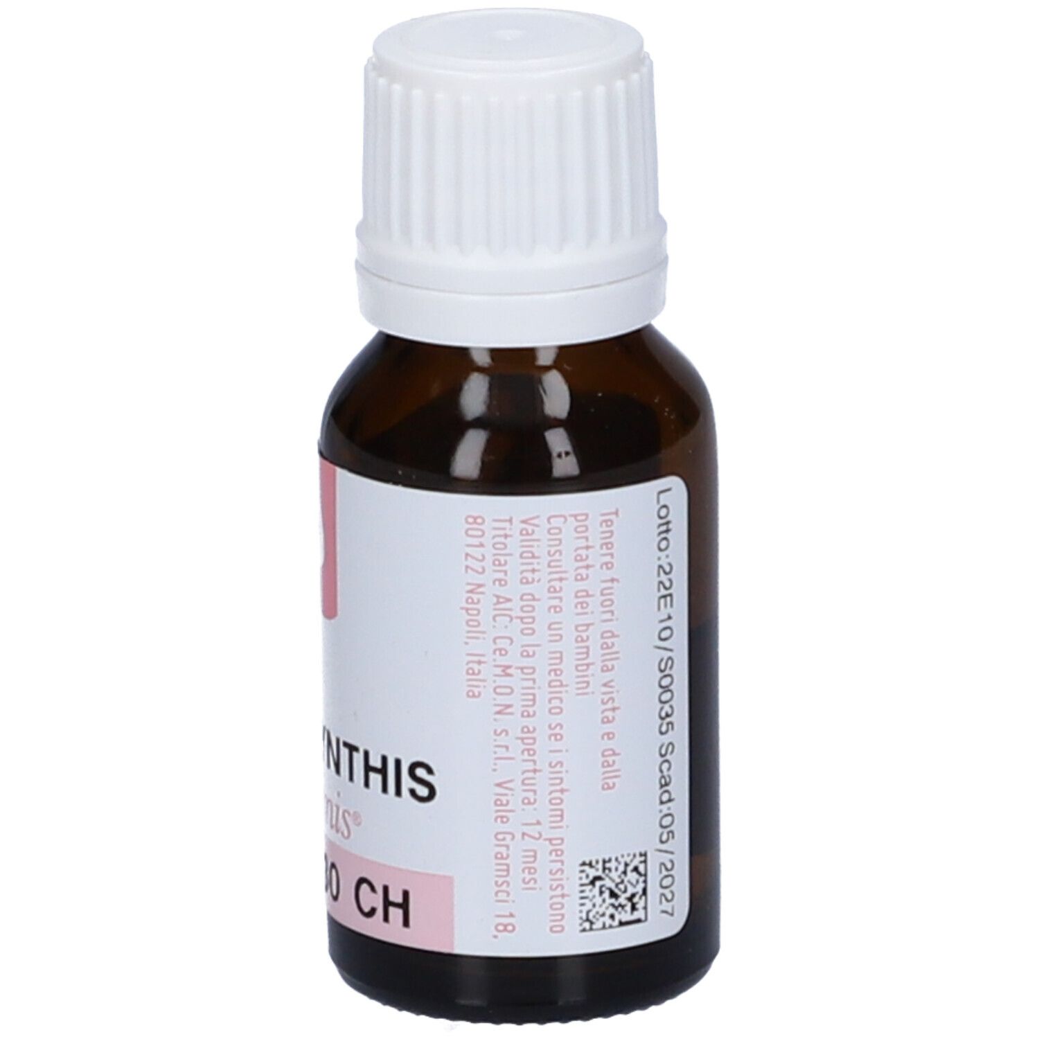 Flacone di vetro marrone con tappo bianco. Etichetta rosa con testo e scritte: Colocynthis, dynamis, 30 CH.