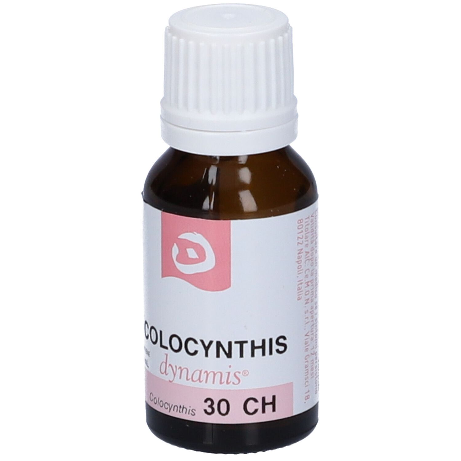 Flacone di vetro marrone con tappo bianco. Etichetta rosa con testo e scritte: Colocynthis, dynamis, 30 CH.
