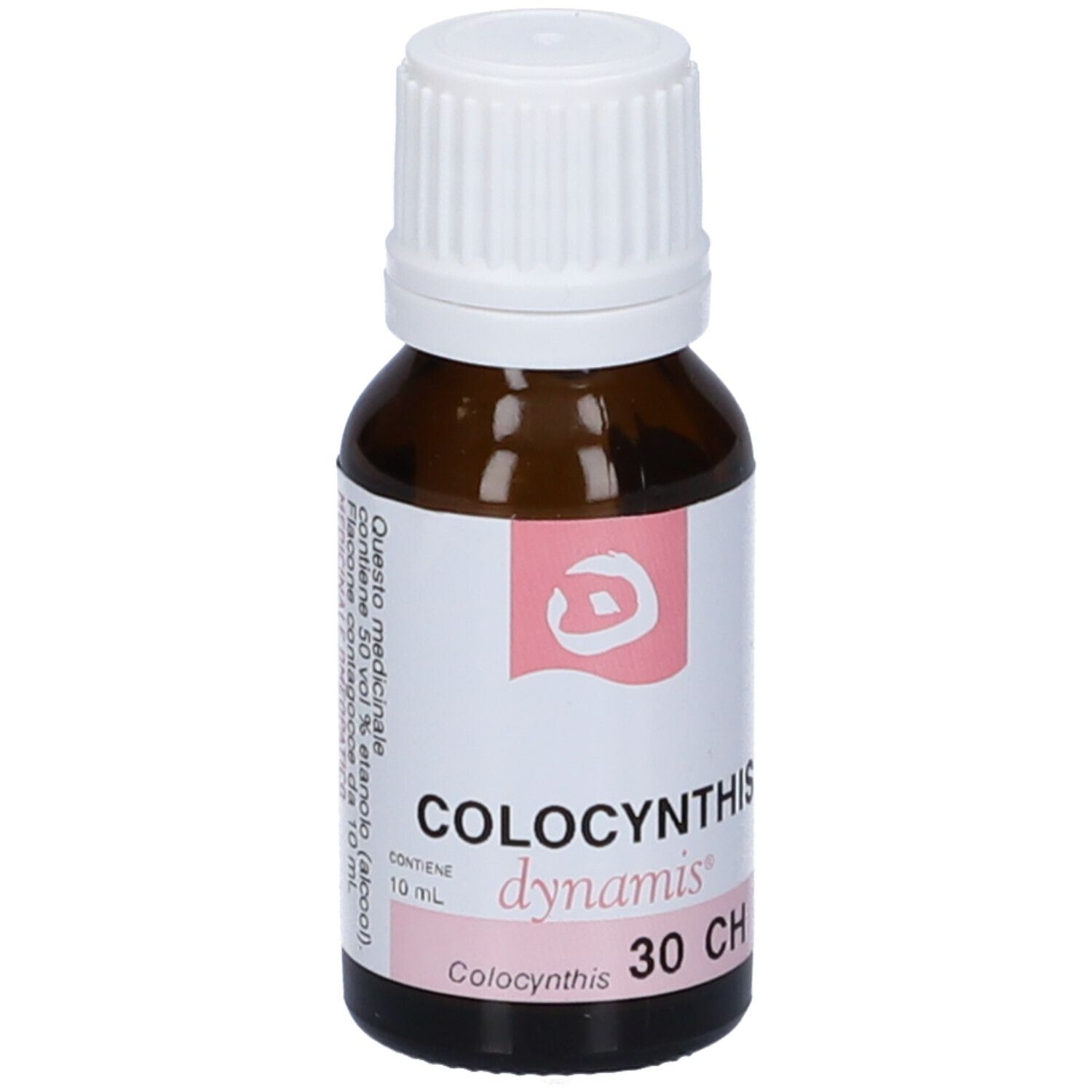 Flacone di vetro marrone con tappo bianco. Etichetta rosa con testo e scritte: Colocynthis, dynamis, 30 CH.
