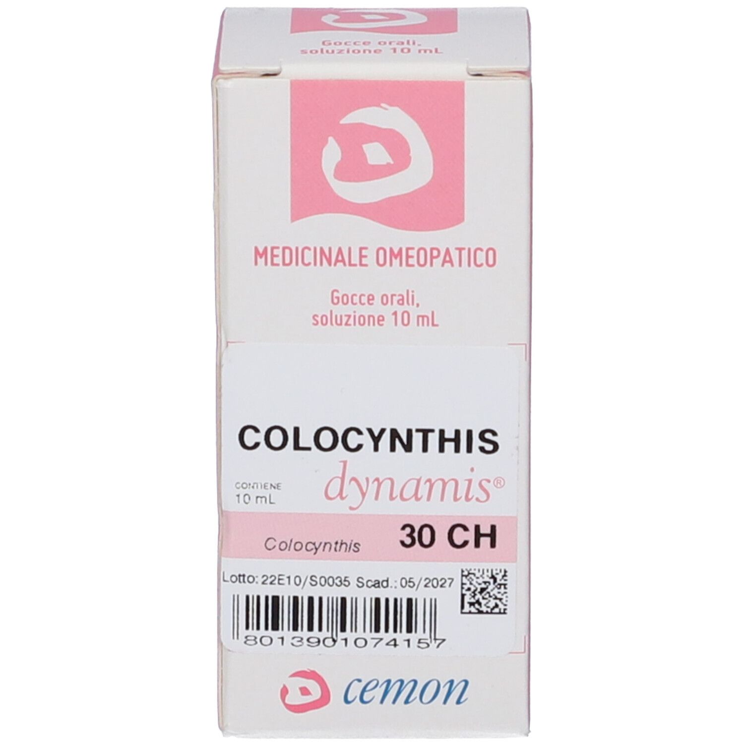 Confezione del prodotto. Bianca, rosa, testo. Scritte: Colocynthis, dynamis, 30 CH, cemon.