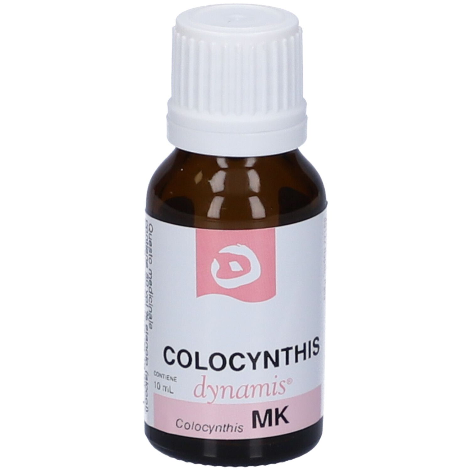 Flacone in vetro marrone con tappo bianco. Etichetta rosa: COLOCYNTHIS, dynamis, MK.
