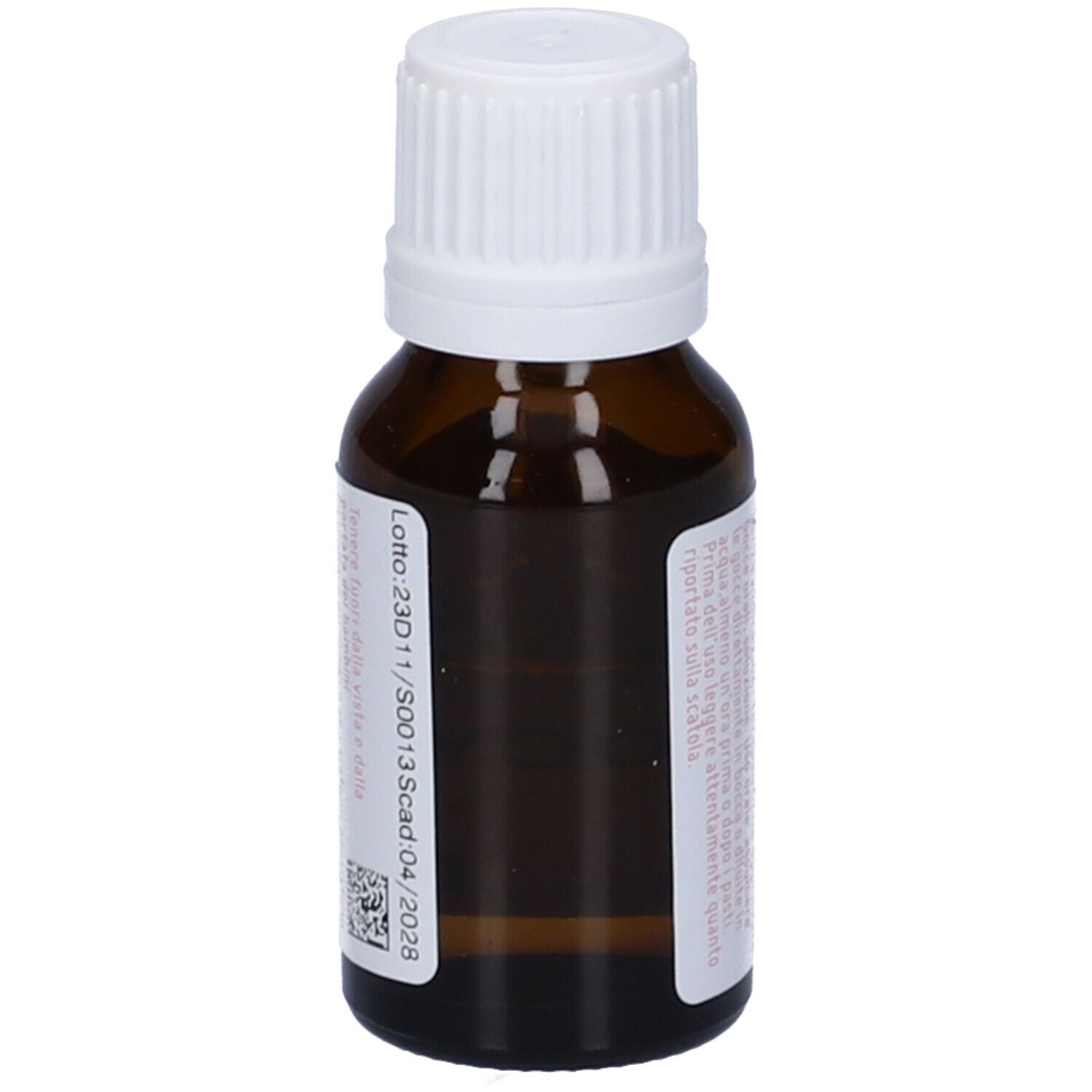 Flacone in vetro marrone con tappo bianco. Etichetta con testo e numero di lotto. Contiene 10 ml.