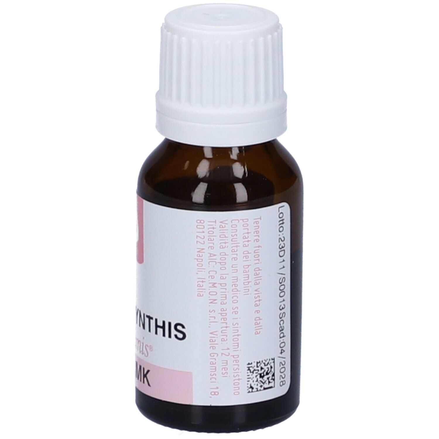 Flacone in vetro marrone con tappo bianco. Etichetta con testo e logo. Contiene 10 ml.