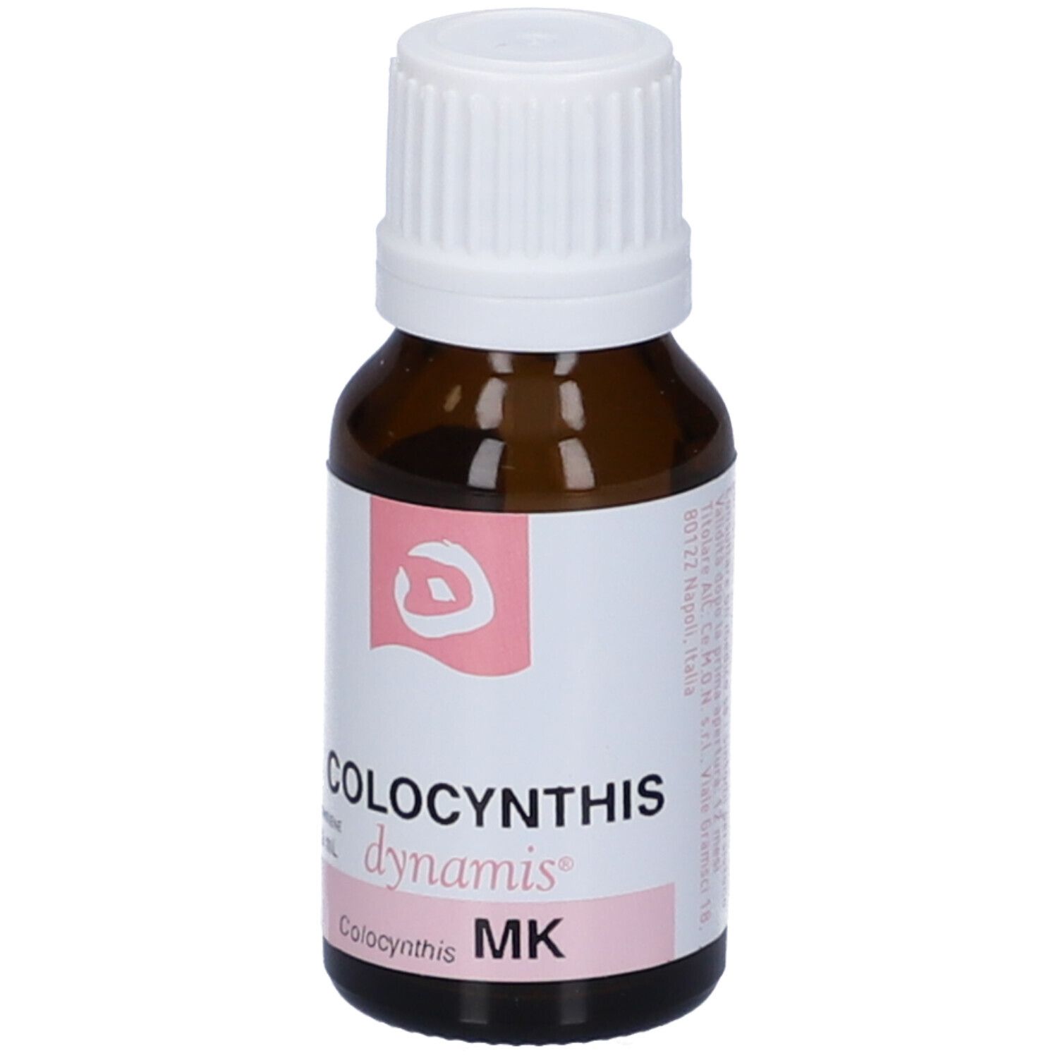 Flacone in vetro marrone con tappo bianco. Etichetta rosa: COLOCYNTHIS, dynamis, MK.