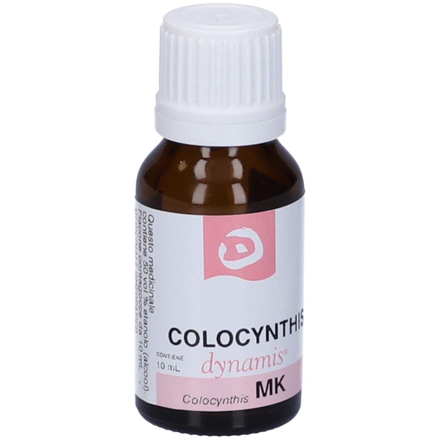 Flacone in vetro marrone con tappo bianco. Etichetta rosa: COLOCYNTHIS, dynamis, MK.