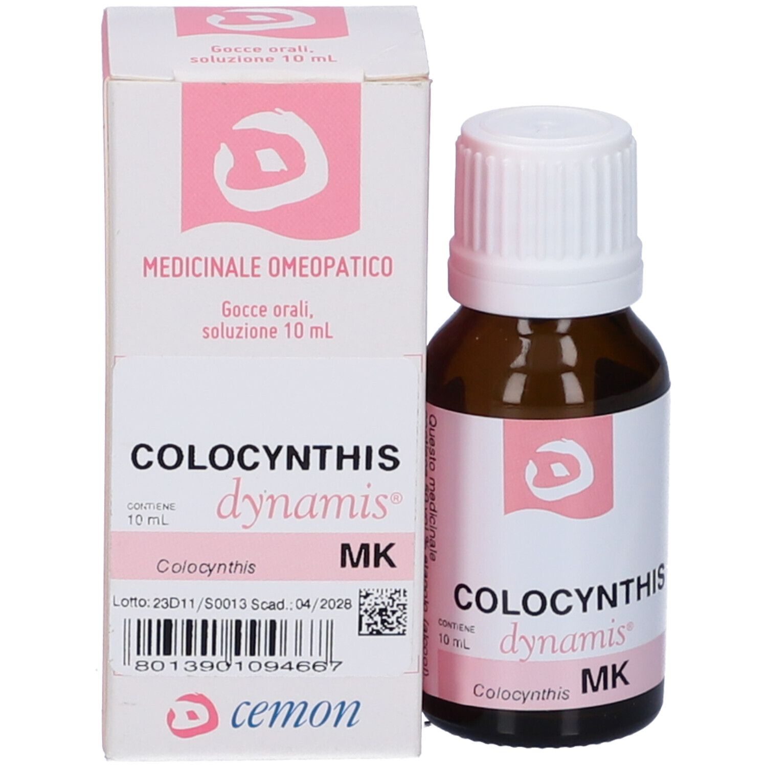 Flacone in vetro marrone e scatola. Scritte: COLOCYNTHIS, dynamis, MK. Contiene 10 ml.