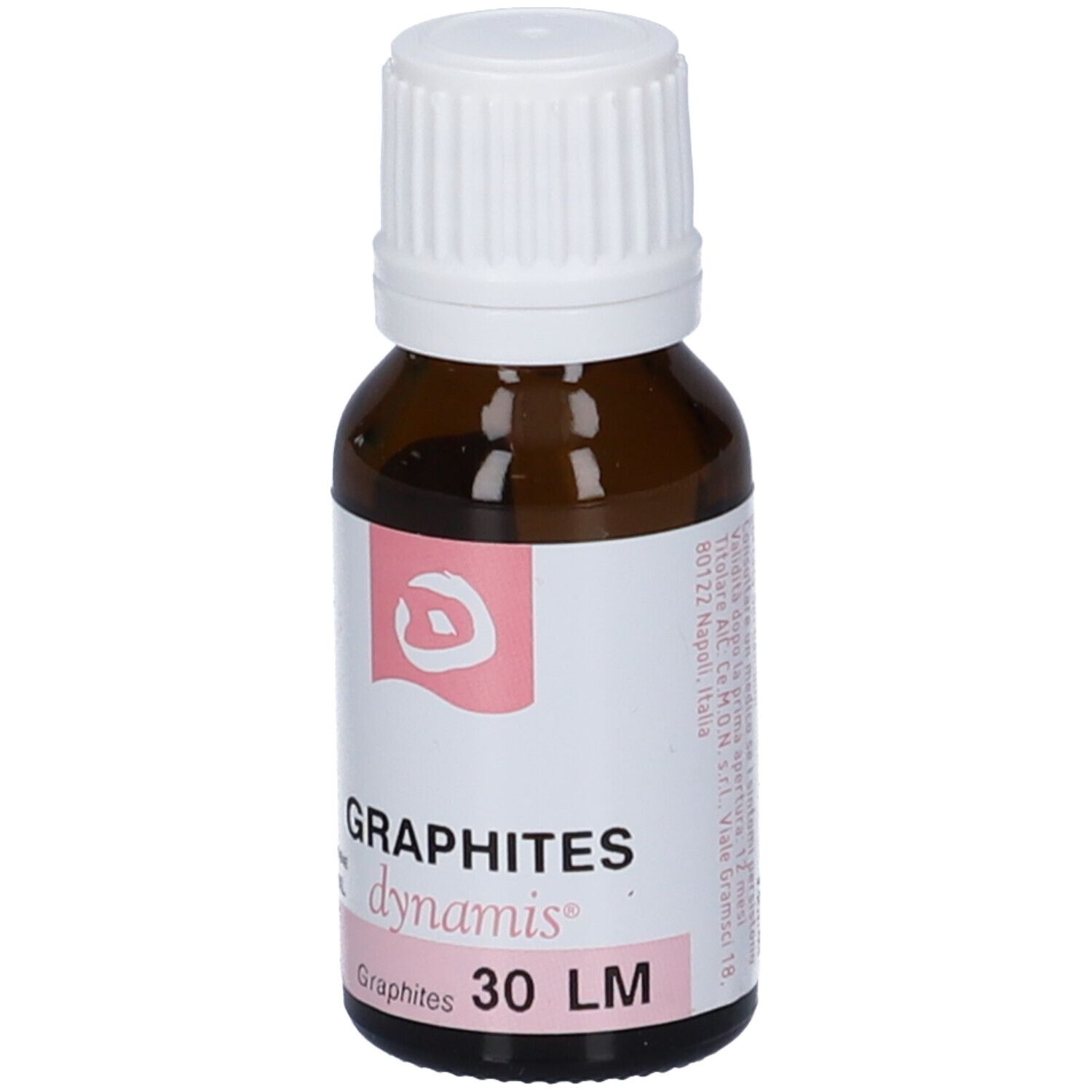 Flacone di vetro marrone con tappo bianco. Etichetta con nome del prodotto e scritta Graphites 30 LM.