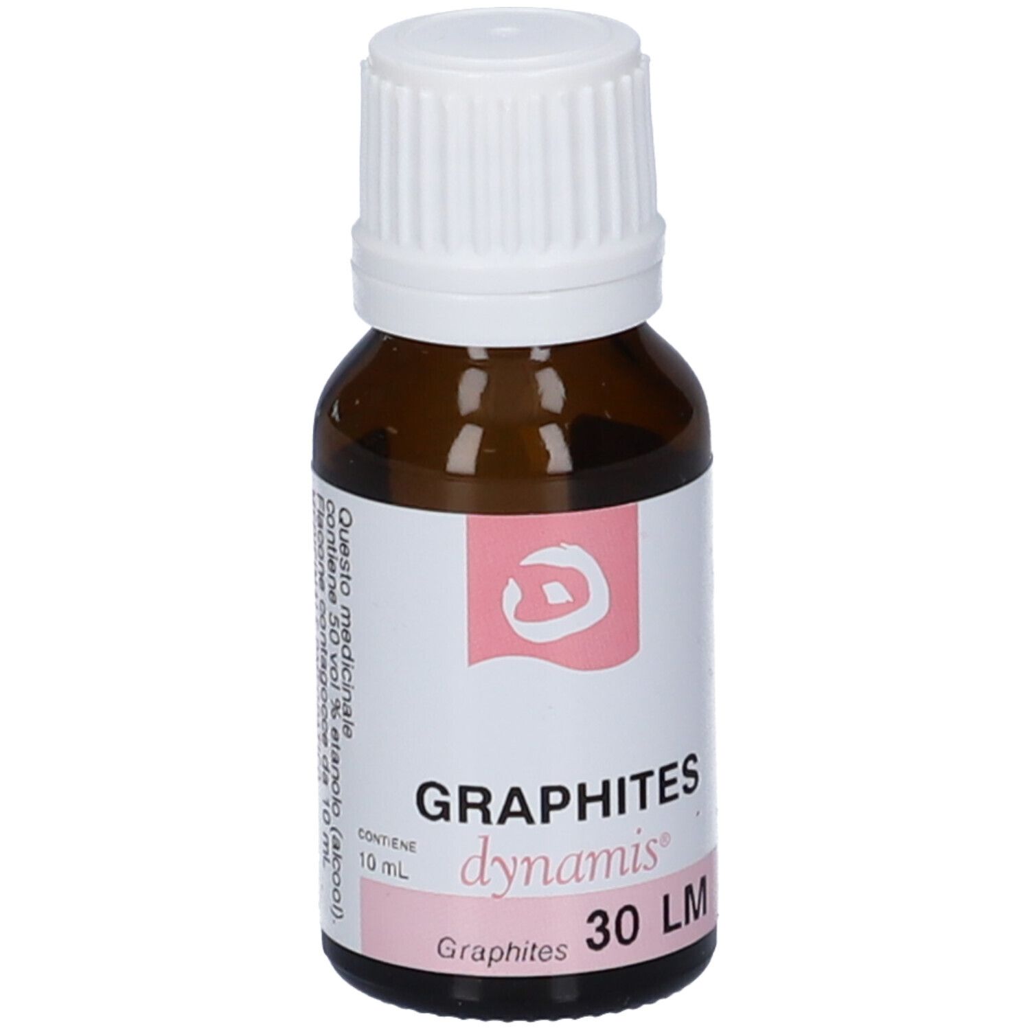 Flacone di vetro marrone con tappo bianco. Etichetta con informazioni sul prodotto e scritta Graphites 30 LM.
