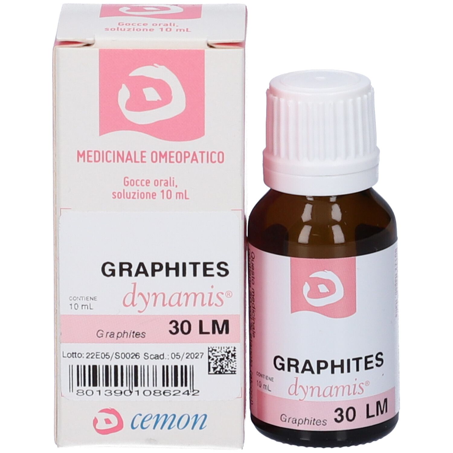 Flacone e confezione del prodotto. Flacone con tappo bianco, confezione con nome del prodotto e scritta Graphites 30 LM.