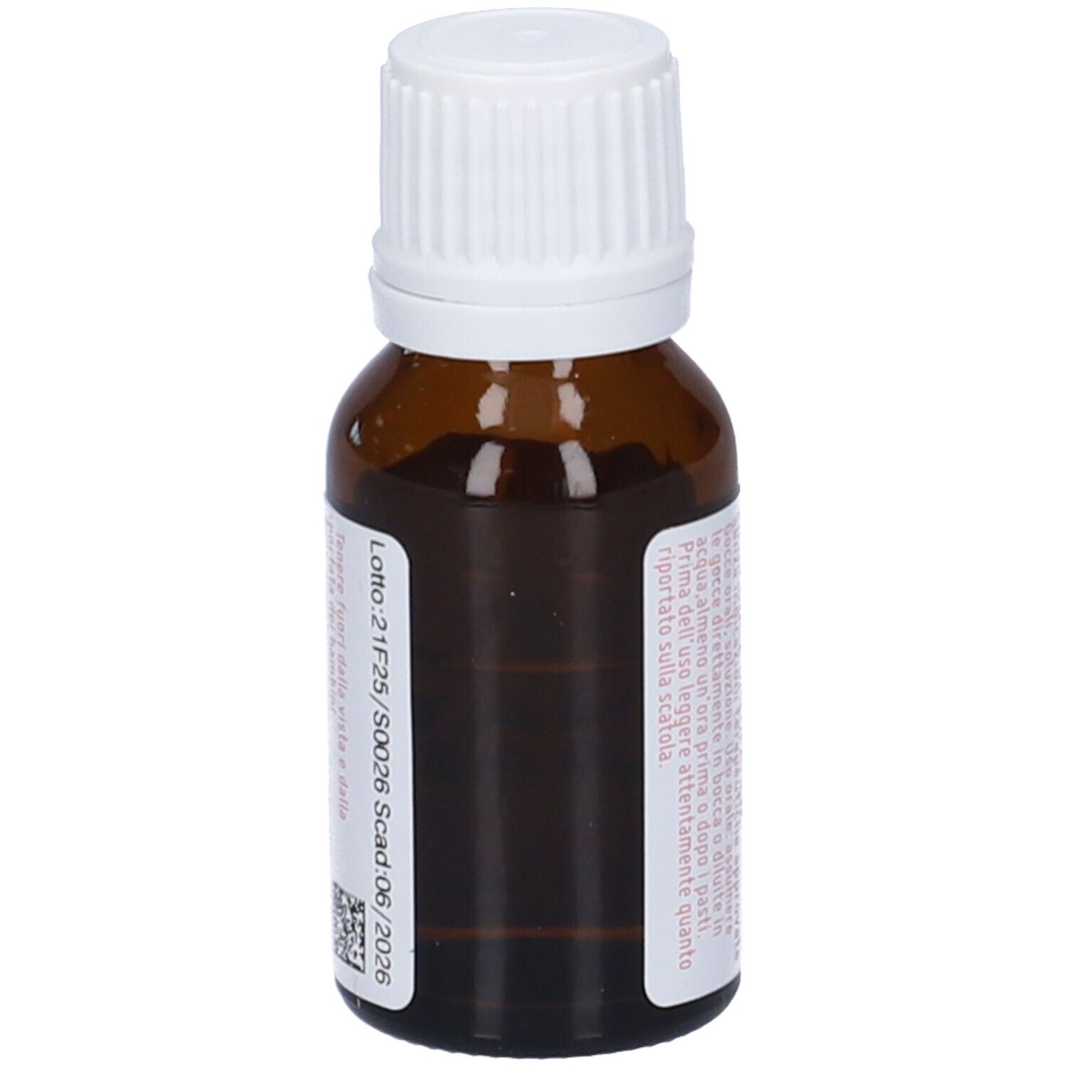 Flacone di vetro marrone con tappo bianco. Retro con etichetta, numero di lotto e data di scadenza. Accenti rosa.