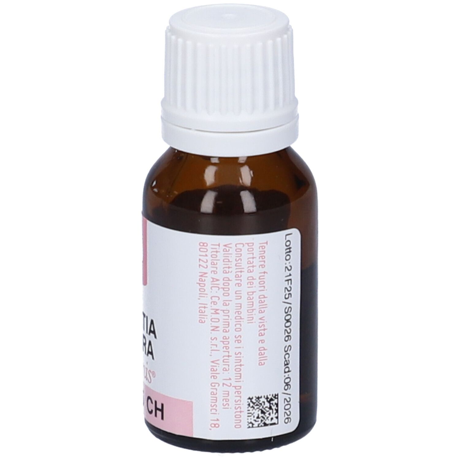 Flacone di vetro marrone con tappo bianco. Etichetta con informazioni sul prodotto e indirizzo. Accenti rosa.