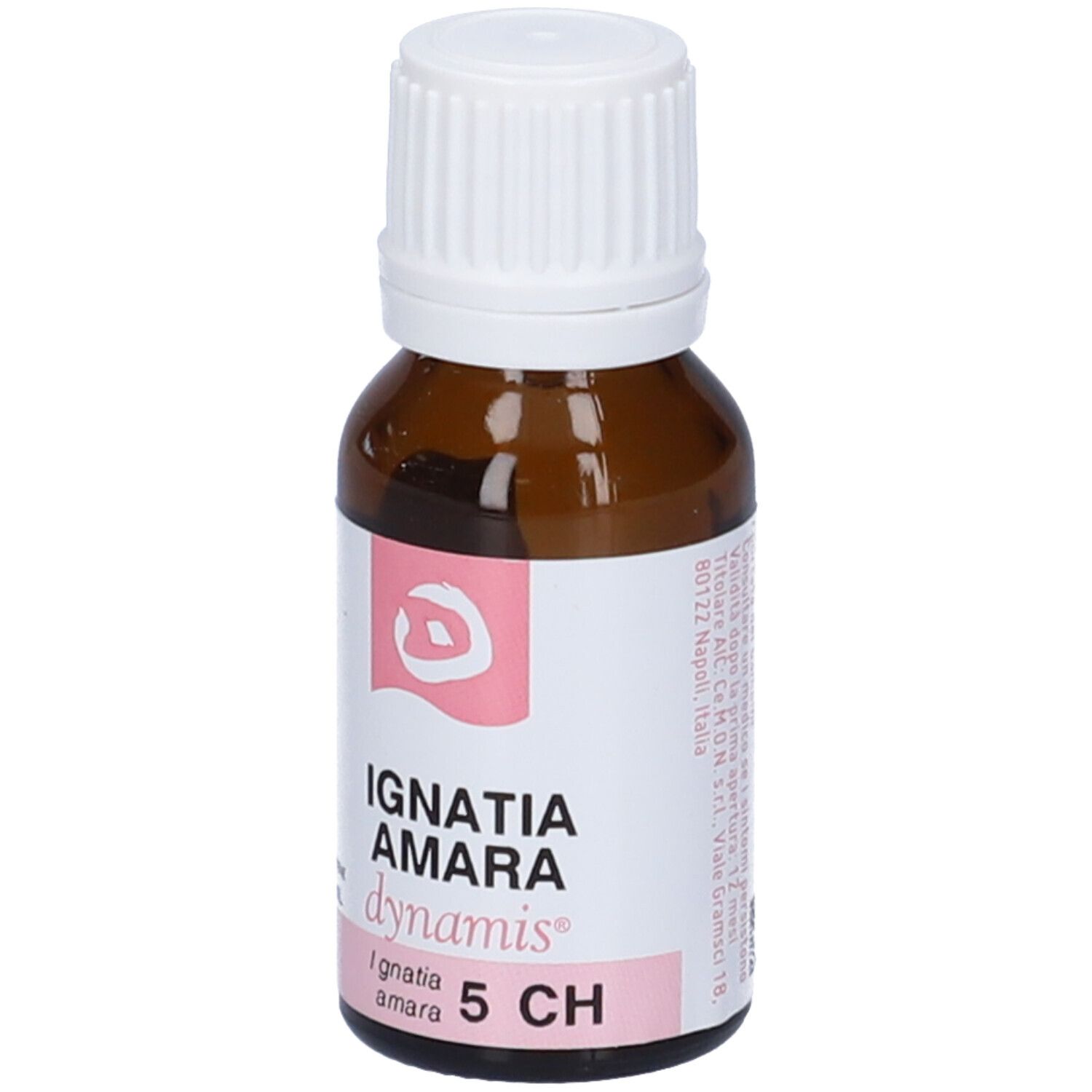 Flacone di vetro marrone con tappo bianco. Etichetta con nome del prodotto e dosaggio. Accenti rosa.