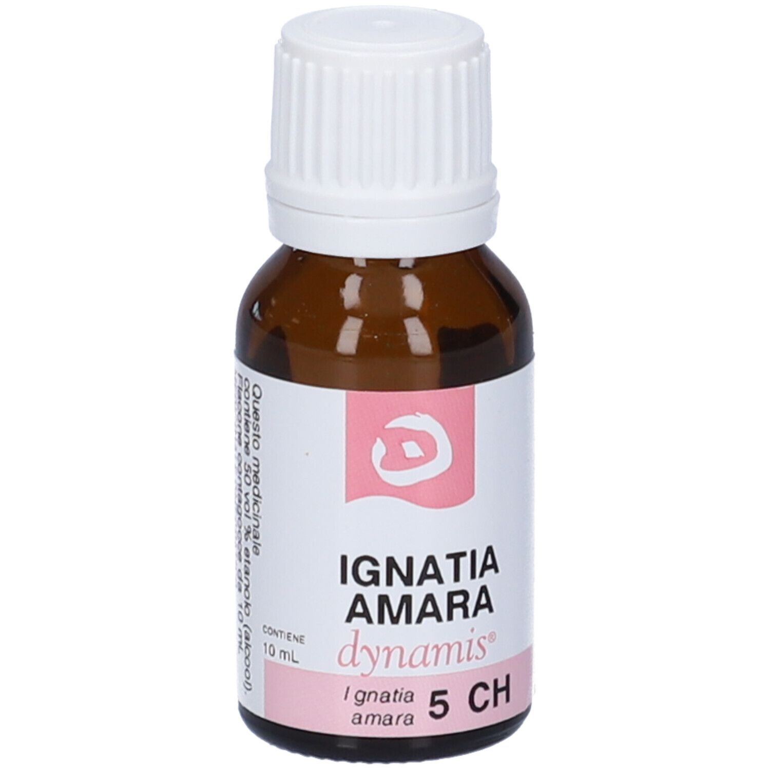 Flacone di vetro marrone con tappo bianco. Etichetta con nome del prodotto e dosaggio. Accenti rosa.