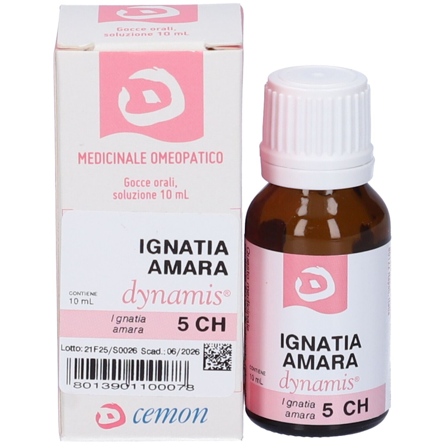 Flacone e confezione del prodotto. Flacone con etichetta, confezione con nome e informazioni. Accenti rosa.