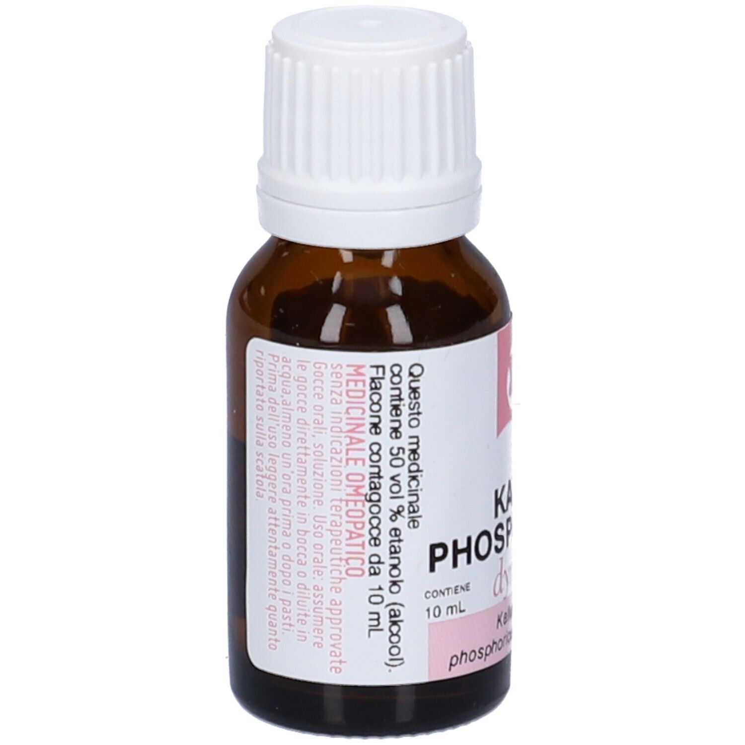 Flacone di vetro marrone con tappo bianco. Etichetta con informazioni sul prodotto e accenti rosa. Testo: Kalium Phosphoricum, 30 CH.