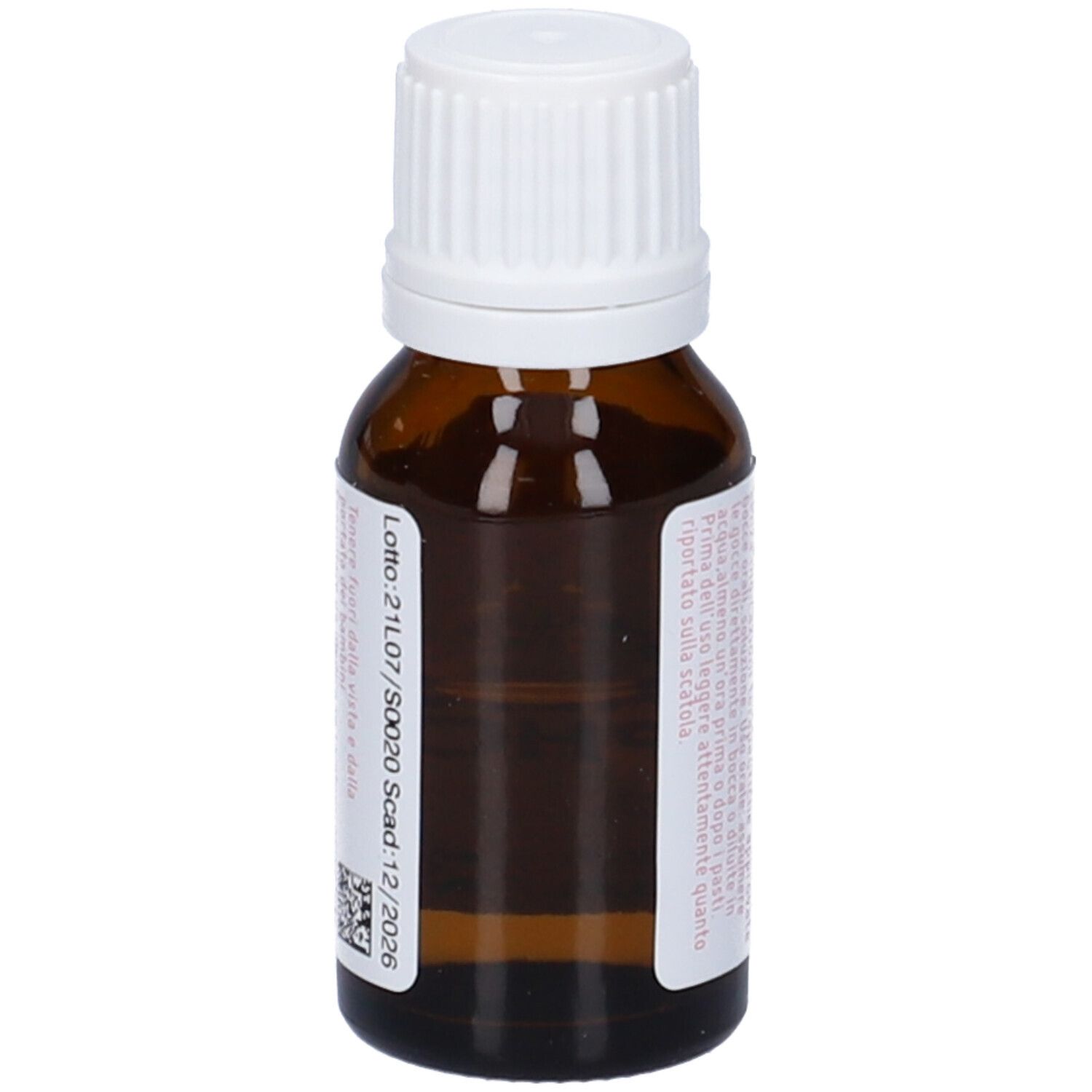 Flacone di vetro marrone con tappo bianco. Etichetta con informazioni sul prodotto. Stampa: Numero di lotto e scadenza 12/2026.