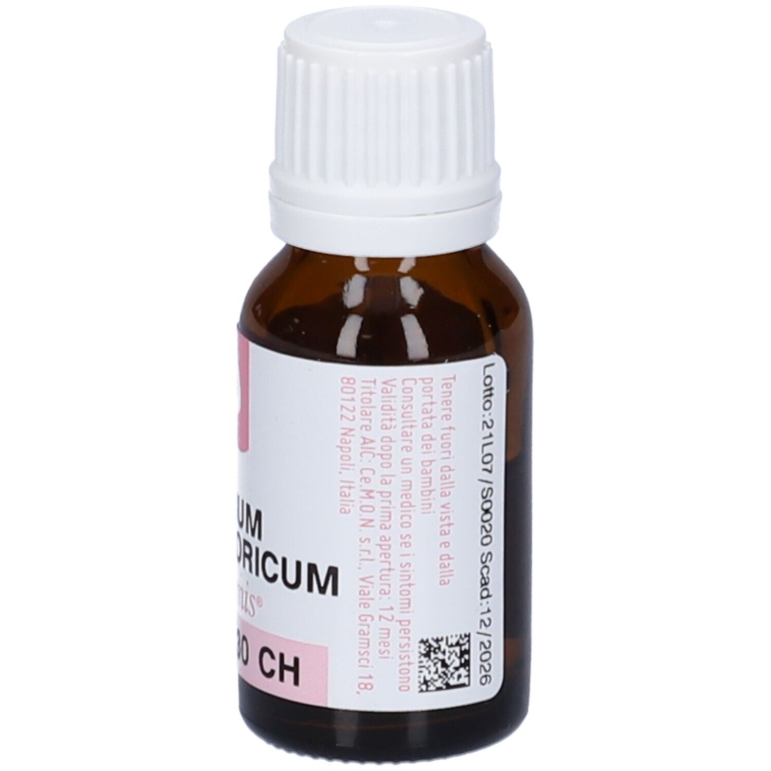 Flacone di vetro marrone con tappo bianco. Etichetta con informazioni sul prodotto e accenti rosa. Scritto: Kalium Phosphoricum 30 CH.